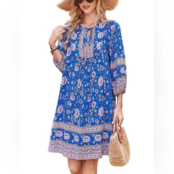 NWT Bluetime Summer Dress Boho V Neck 3/4 Sleeve Babydoll Floral Viscose Sz XL - Picture 4 of 13